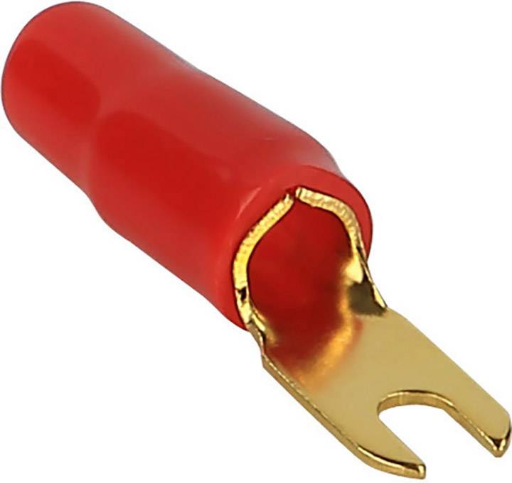 Un cosse de câble en U, isolé rouge avec une connexion de fourche dorée pour des applications électriques.