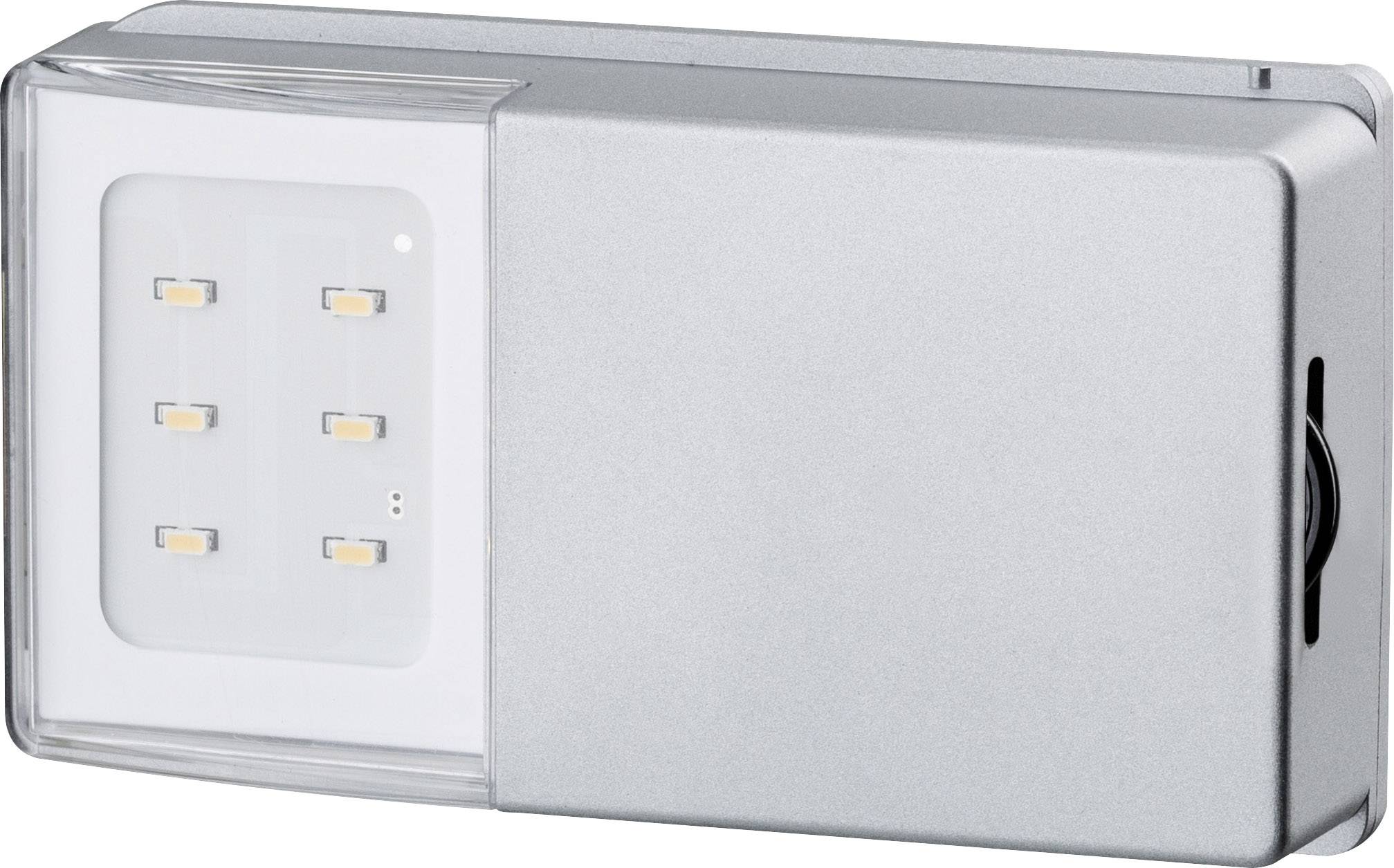 Lampe LED rectangulaire à boîtier argenté et six LED visibles. Convient à l'éclairage dans des espaces intérieurs modernes.