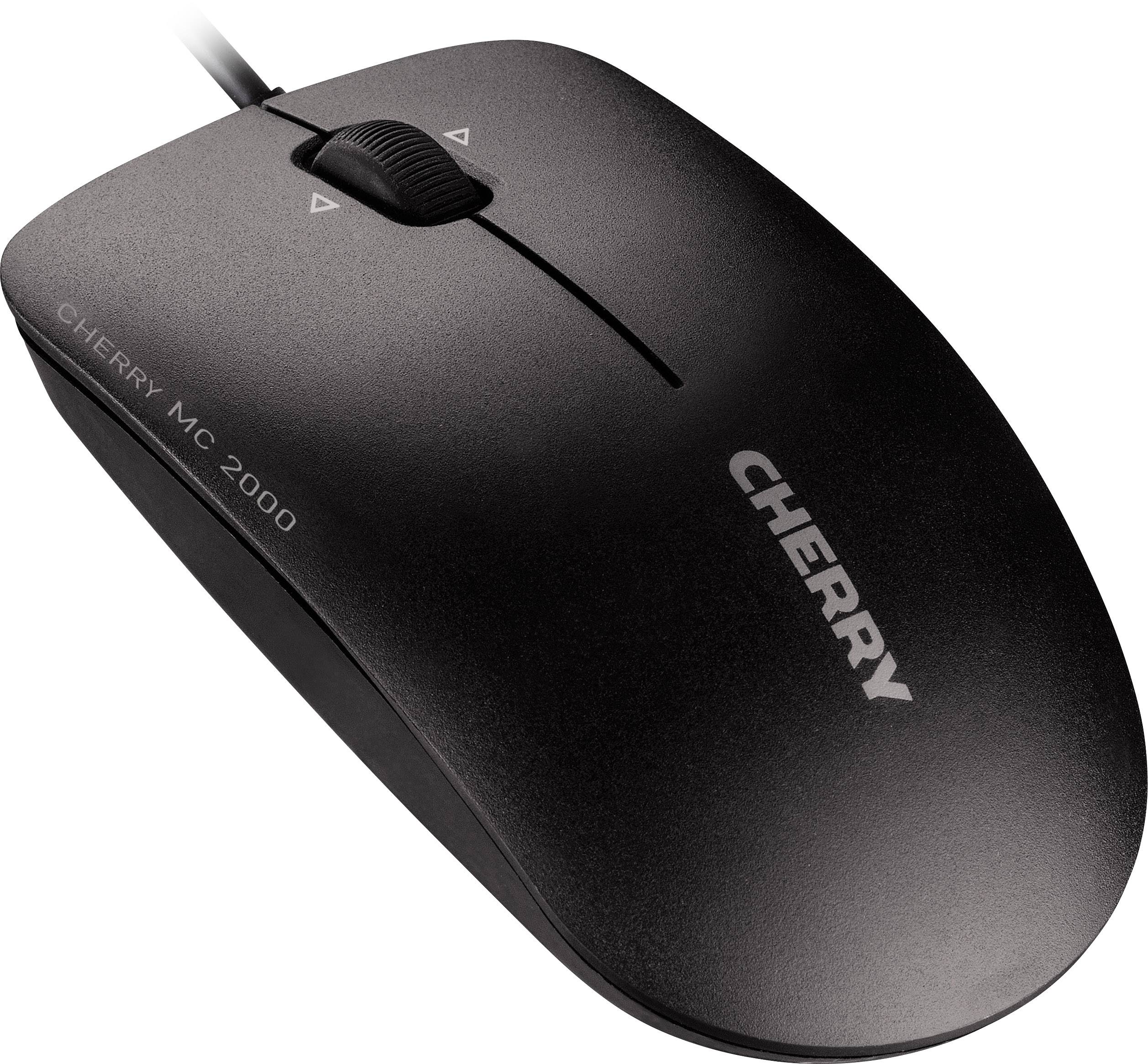 Souris d'ordinateur noire 'CHERRY MC 2000' avec molette de défilement et connexion filaire, adaptée à une utilisation au bureau ou à la maison.