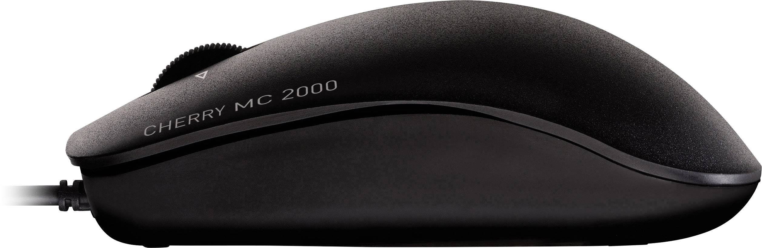 'Souris d'ordinateur noire avec câble, vue latérale. Nom du modèle : CHERRY MC 2000'