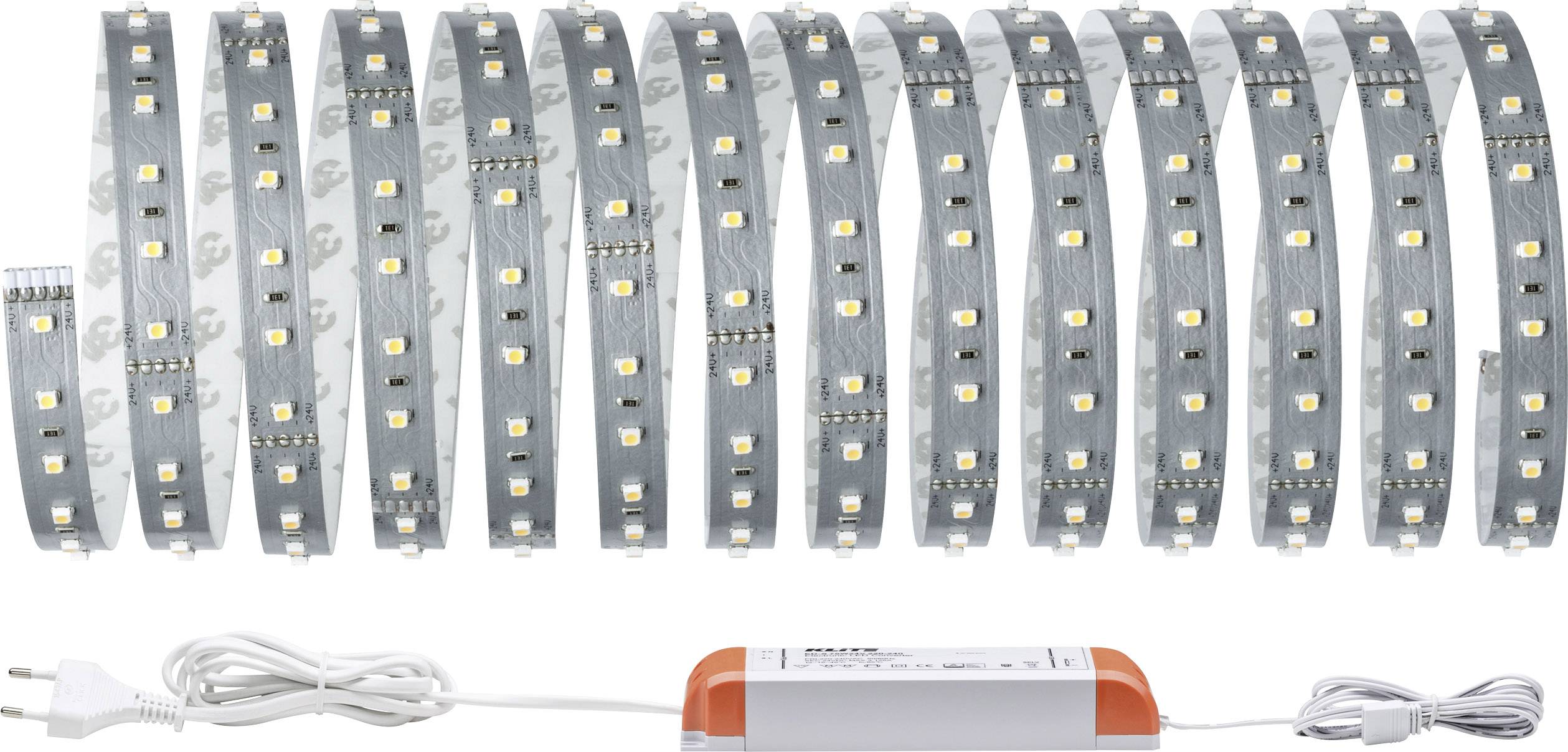Un ruban LED enroulé avec fiche secteur et transformateur. Idéal pour la décoration ou l'éclairage des espaces.