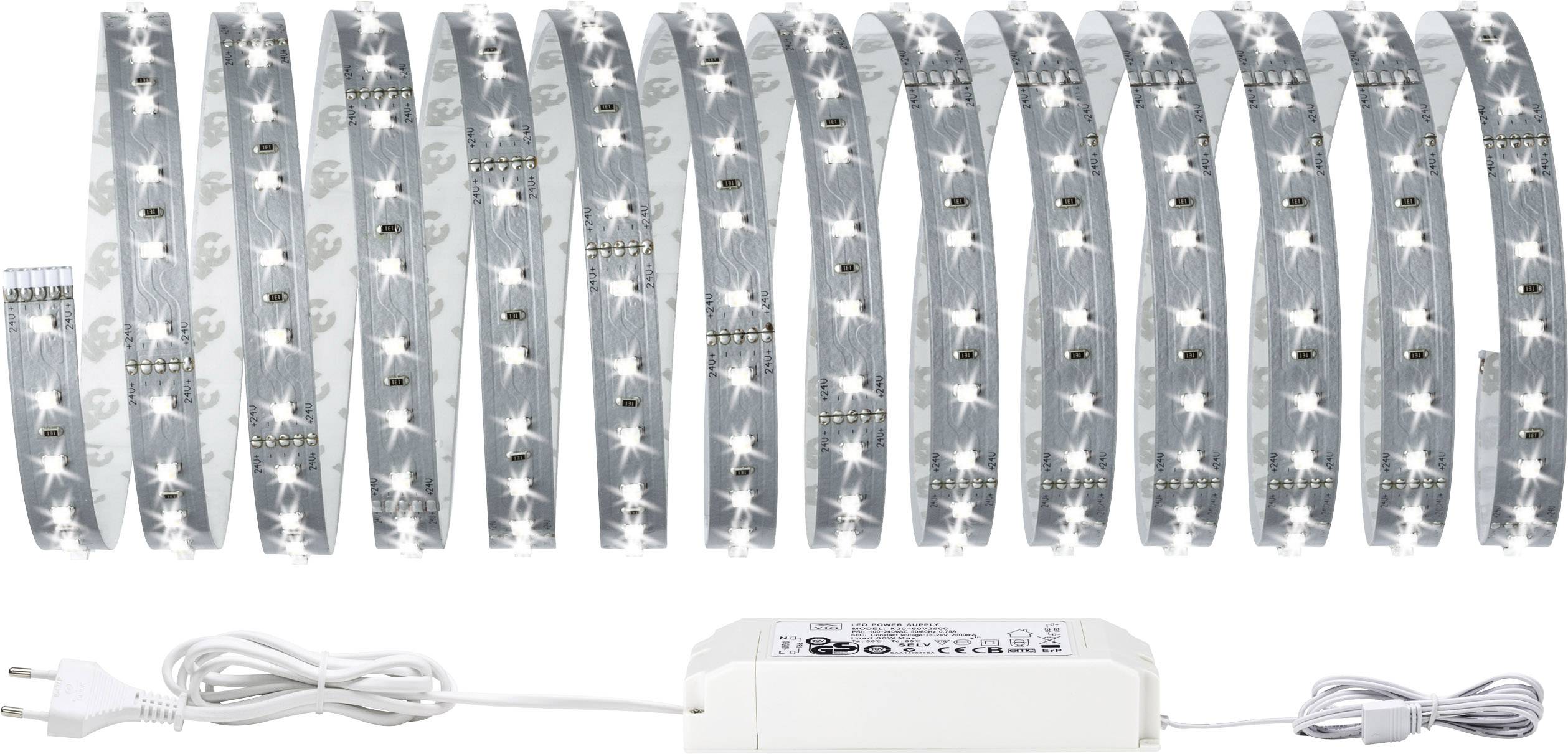 Bande lumineuse LED en forme de boucle avec des LED blanches brillantes et un bloc d'alimentation connecté visible.