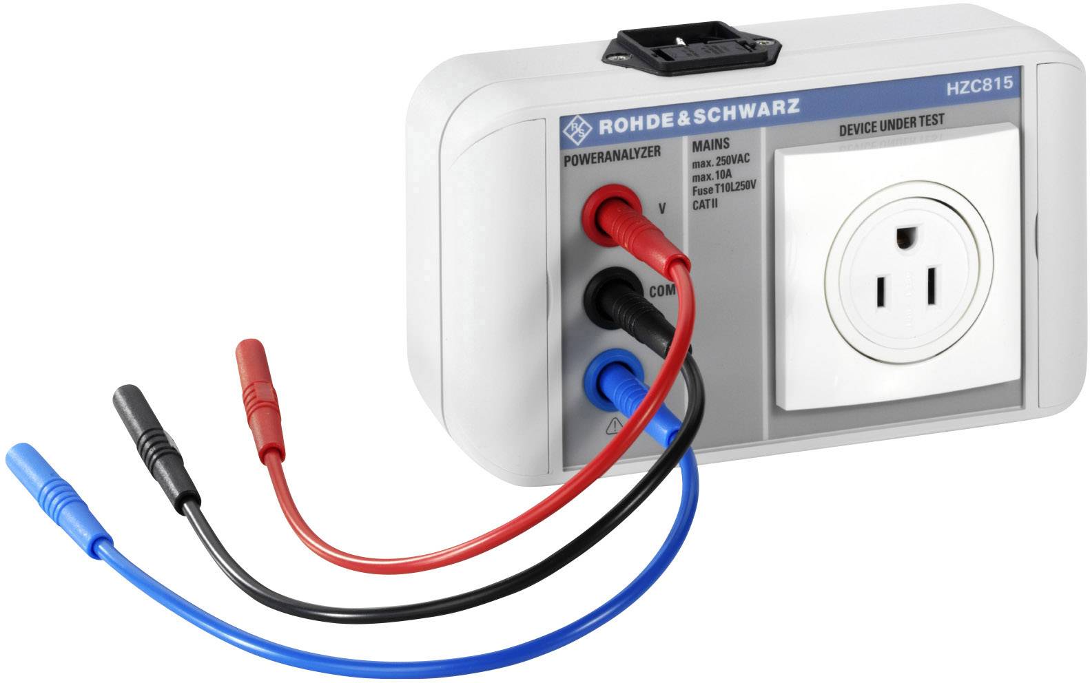 Un appareil d'analyse électrique avec trois câbles de couleurs (bleu, noir, rouge) et une prise électrique, utilisé pour des mesures électriques.