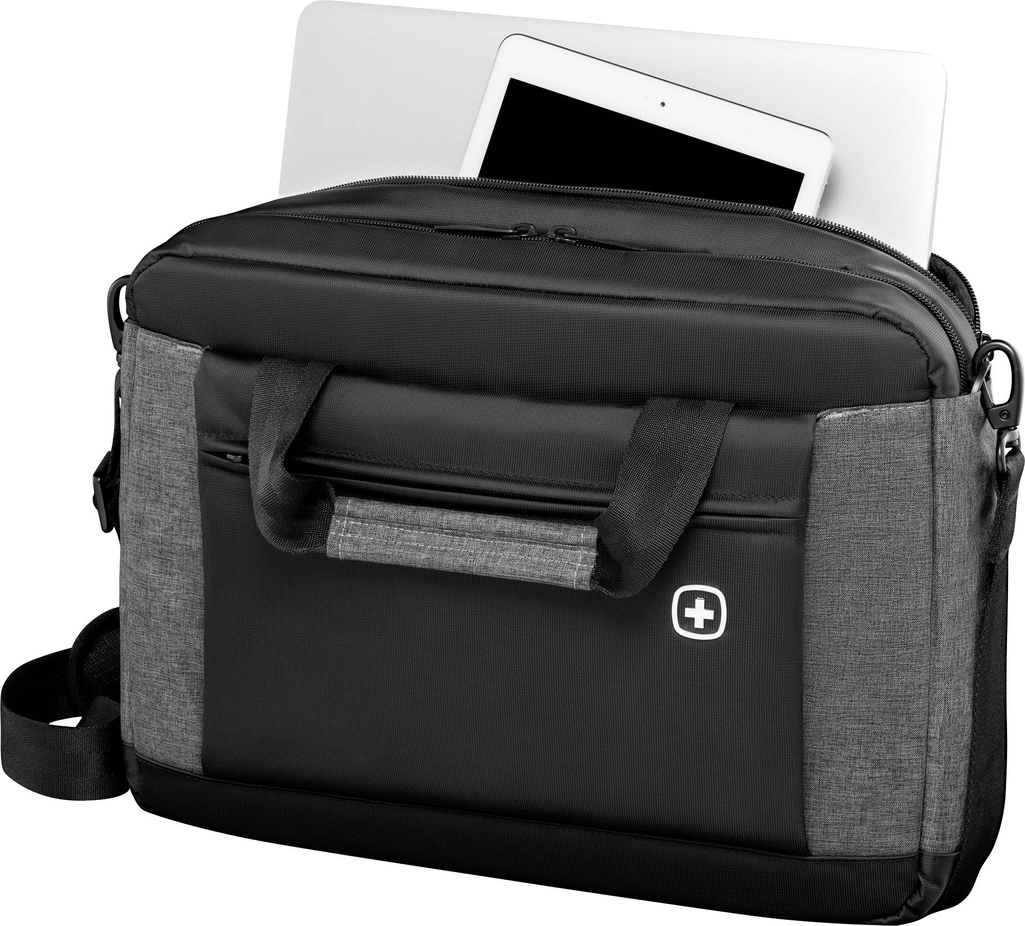 Un sac pour ordinateur portable noir avec des accents gris et une bandoulière, partiellement ouvert, avec une tablette visible dans le compartiment principal.