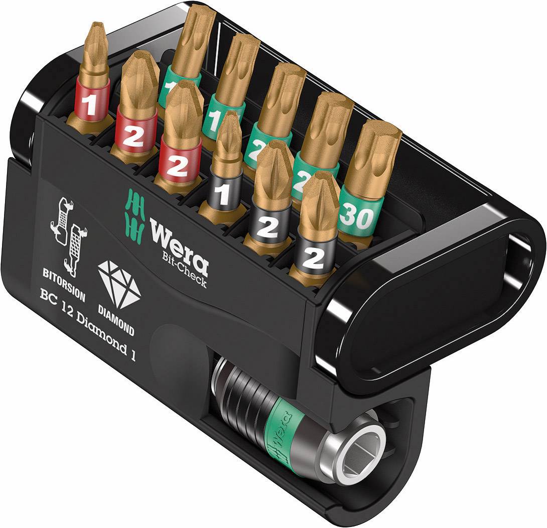 'Wera Bit-Check BC 12 Diamond 1' : Un ensemble de 12 embouts dans un support noir, marqué avec des bagues de différentes couleurs pour indiquer les tailles.