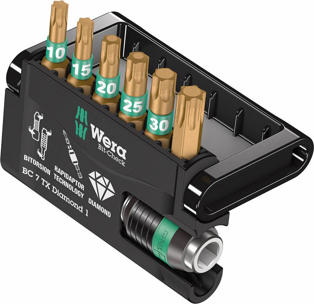 Coffret de bits Wera avec sept embouts Torx de tailles T10 à T30. Les embouts sont de couleur or, le boîtier est noir.