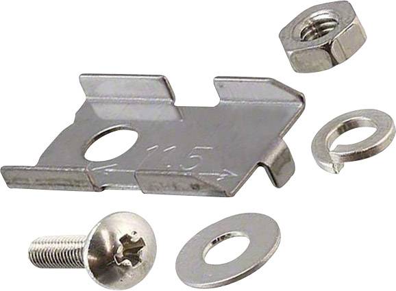 Un ensemble d'éléments de fixation métalliques : un agrafe marquée d'une flèche '1.15', un écrou hexagonal, une vis et deux rondelles.