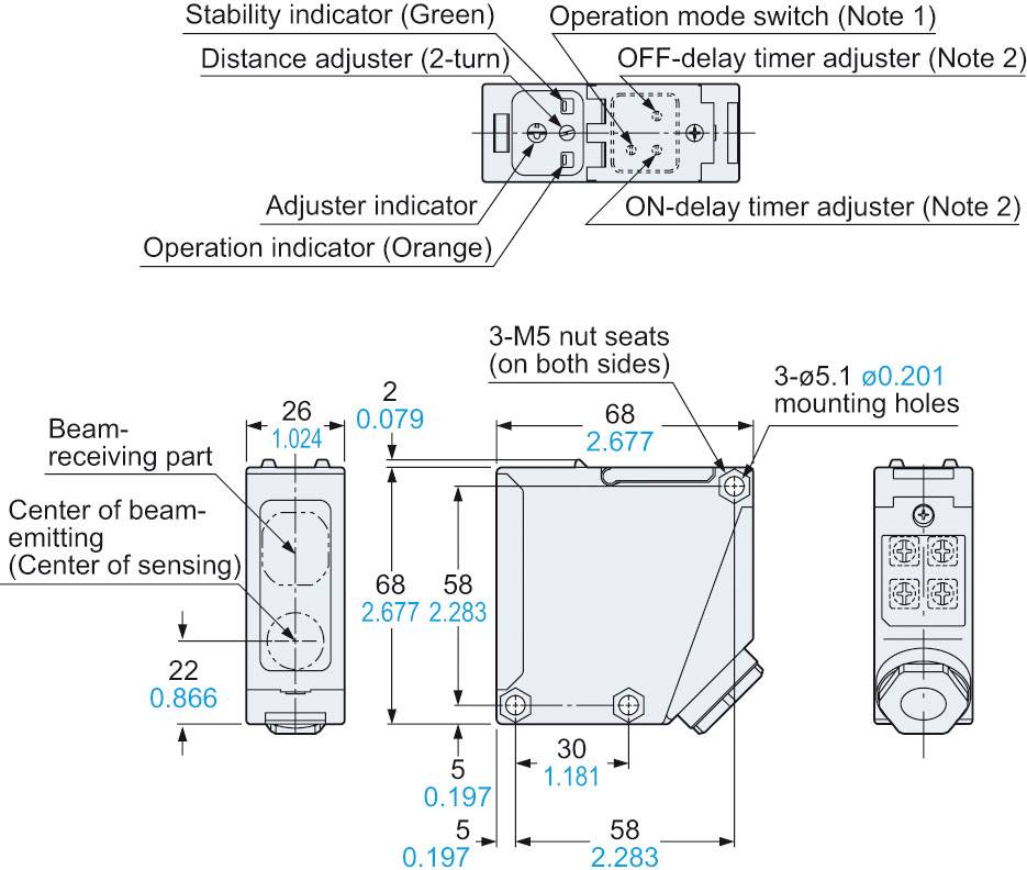 Schéma d'un capteur avec dimensions et éléments d'affichage. Parties principales : réglage de distance, indicateur de mode de fonctionnement, trous de fixation.