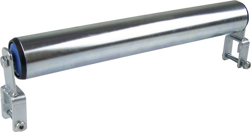 Rouleau métallique cylindrique avec des extrémités bleues, monté sur deux supports. Ces rouleaux sont souvent utilisés dans les convoyeurs.