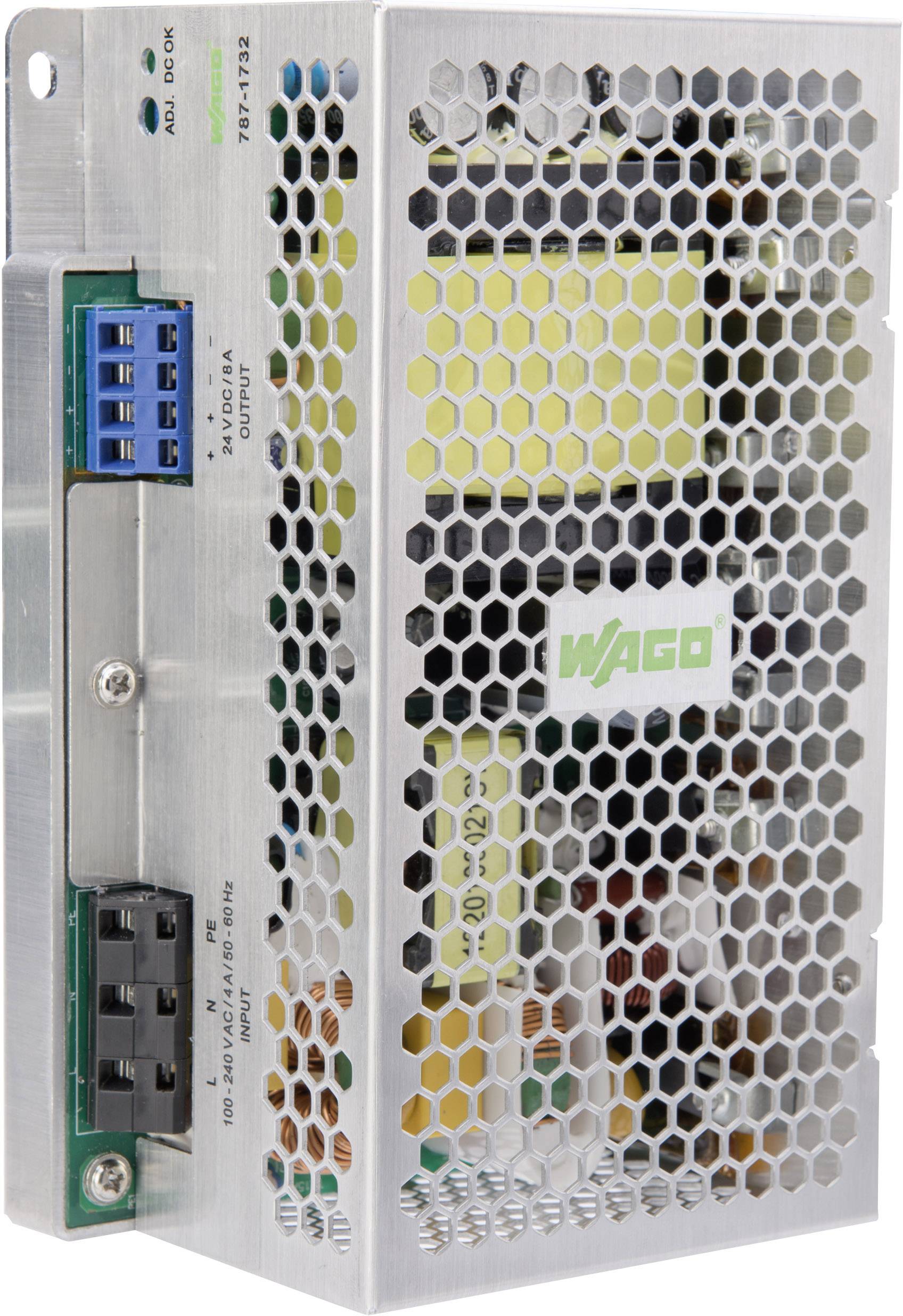 Bloc d'alimentation métallique à structure alvéolaire, montrant des bornes de connexion et l'étiquette 'WAGO'. Utilisé dans des circuits électriques.