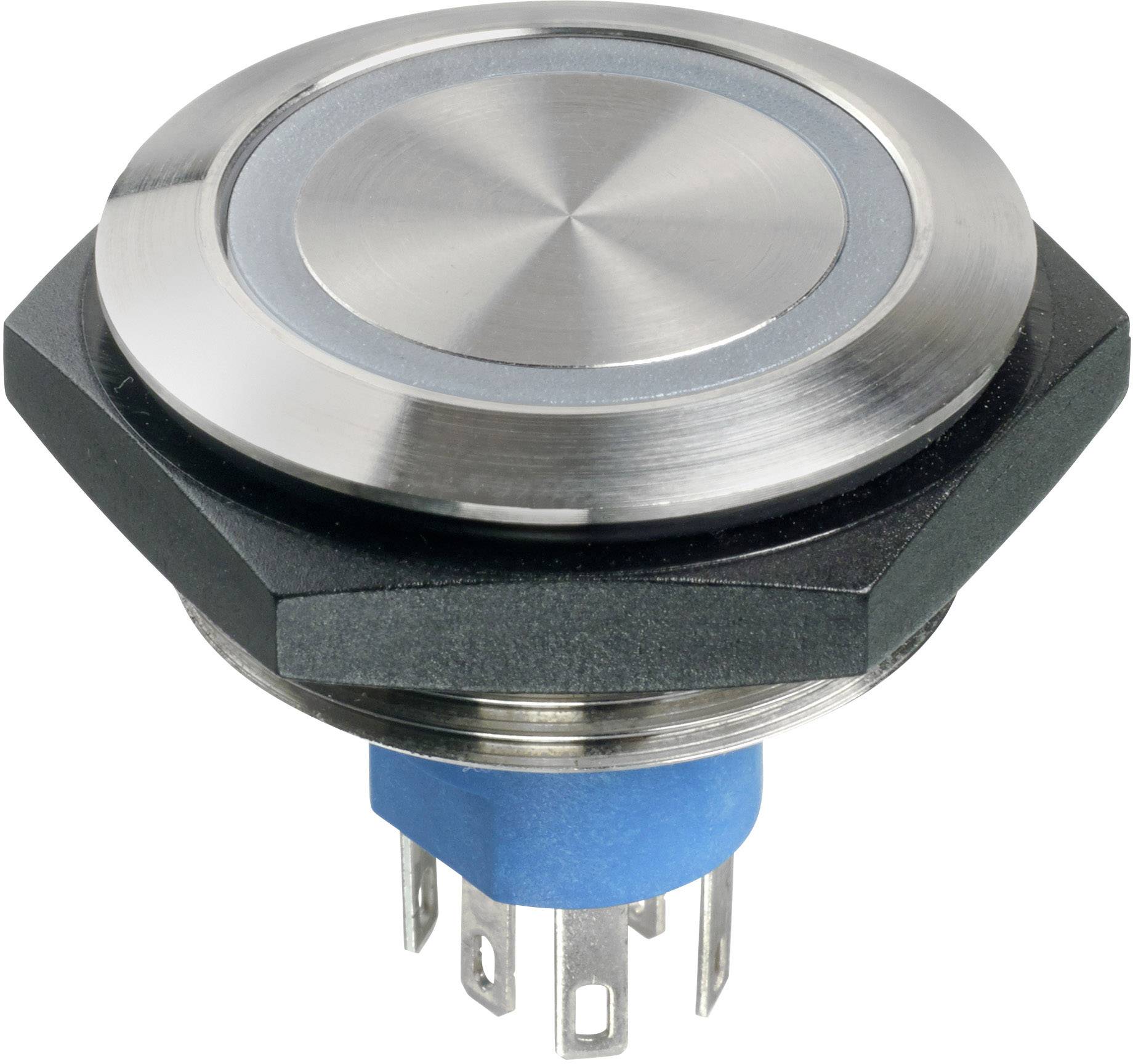 Bouton-poussoir rond, couleur argent, en métal, avec base bleue et broches raccordables, adapté aux circuits électroniques.
