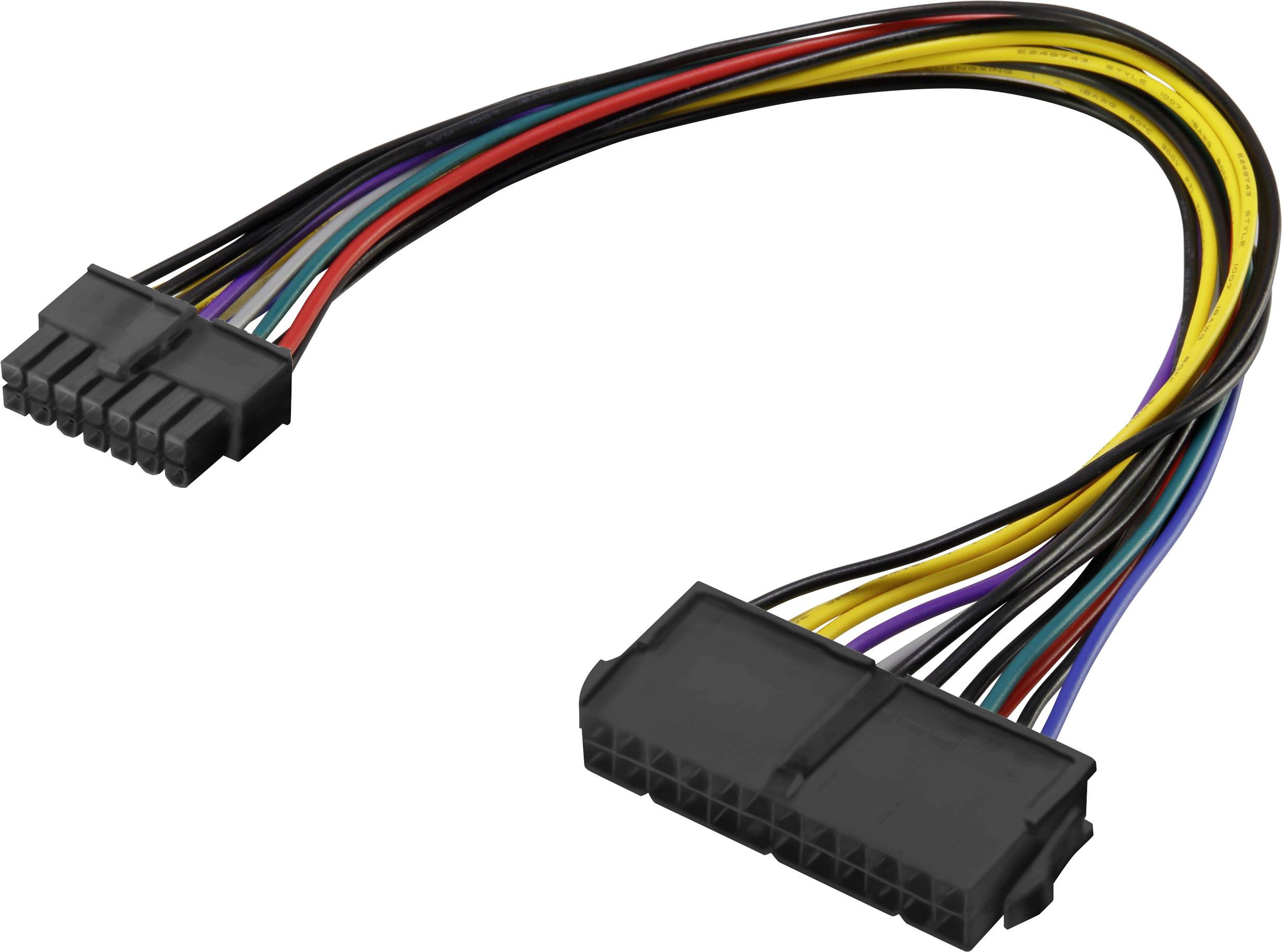 Un adaptateur d'alimentation ATX 24 broches avec des câbles colorés, convertissant une connexion de 24 broches à une connexion de 6 broches.