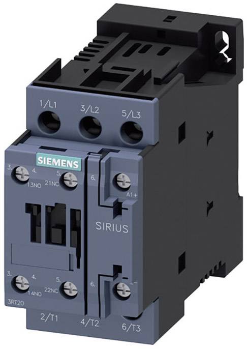 Un contacteur Siemens, type Sirius, en gris et noir, avec des connexions électriques et des étiquettes.