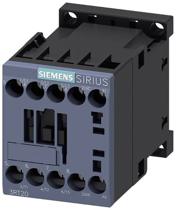 Un contacteur Siemens SIRIUS, modèle 3RT20, en noir et bleu. Il montre les connexions et est conçu pour des applications de commutation.