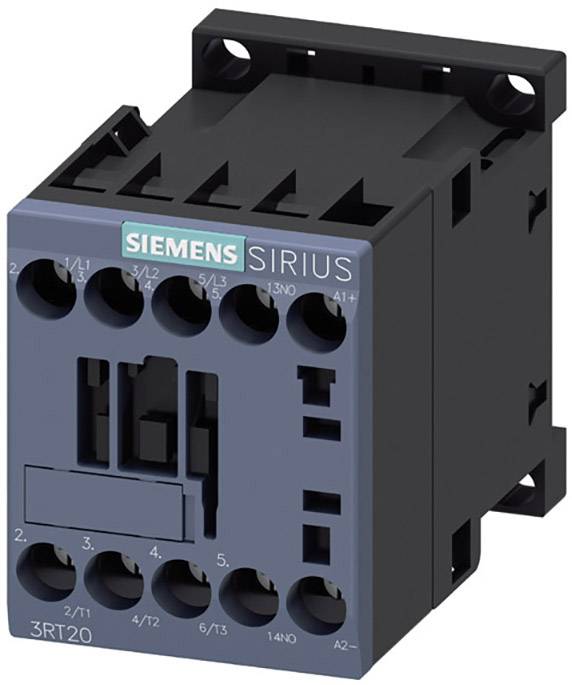 Un contacteur Siemens, modèle Sirius 3RT20, présente plusieurs bornes de raccordement. Principalement utilisé dans les systèmes de commande industriels.
