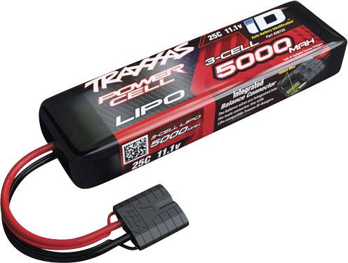 Une batterie LiPo Traxxas rouge à 3 cellules de 5000mAh et 11,1V, adaptée aux modèles radiocommandés. Affiche l'étiquette et les connexions de câbles.