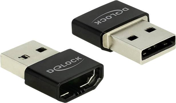 Deux fiches USB noires Delock avec des connexions HDMI, l'une montrant le connecteur USB, l'autre l'emplacement HDMI, sur un fond blanc.