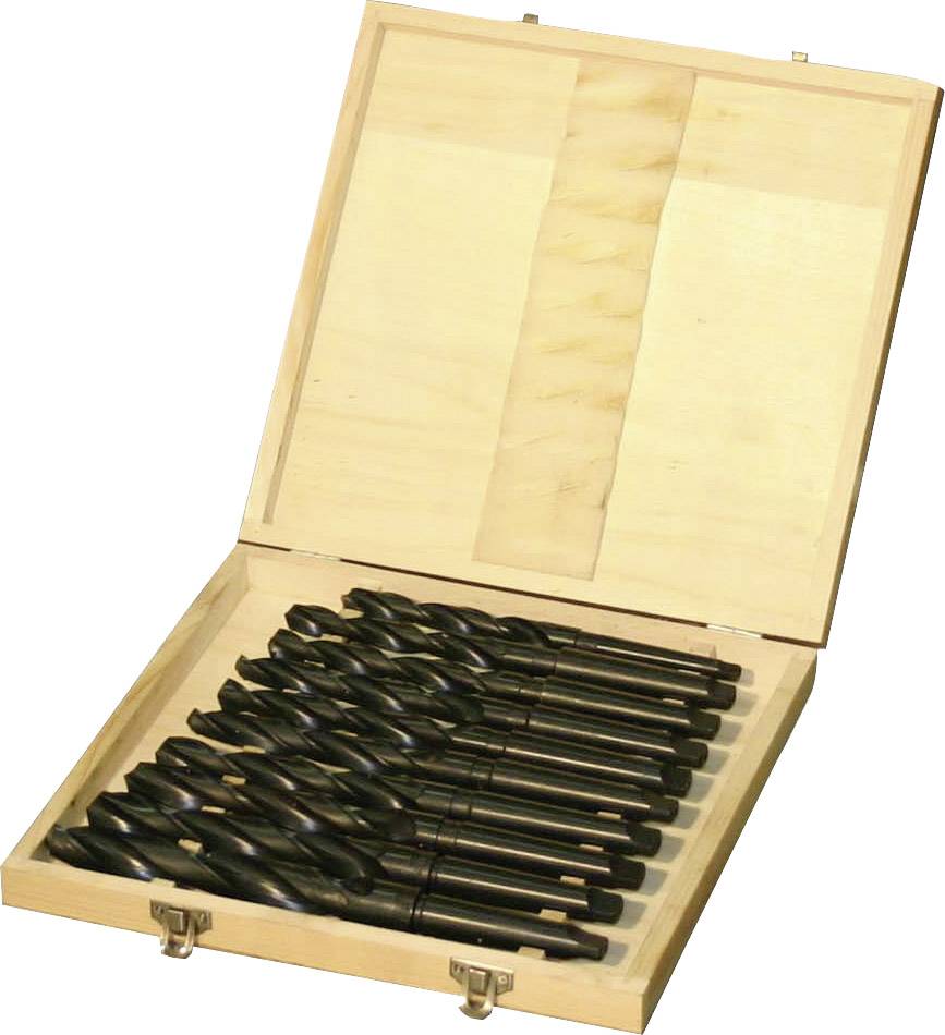Une boîte en bois avec un couvercle ouvert présente une collection de forets hélicoïdaux de différentes tailles, soigneusement rangés.