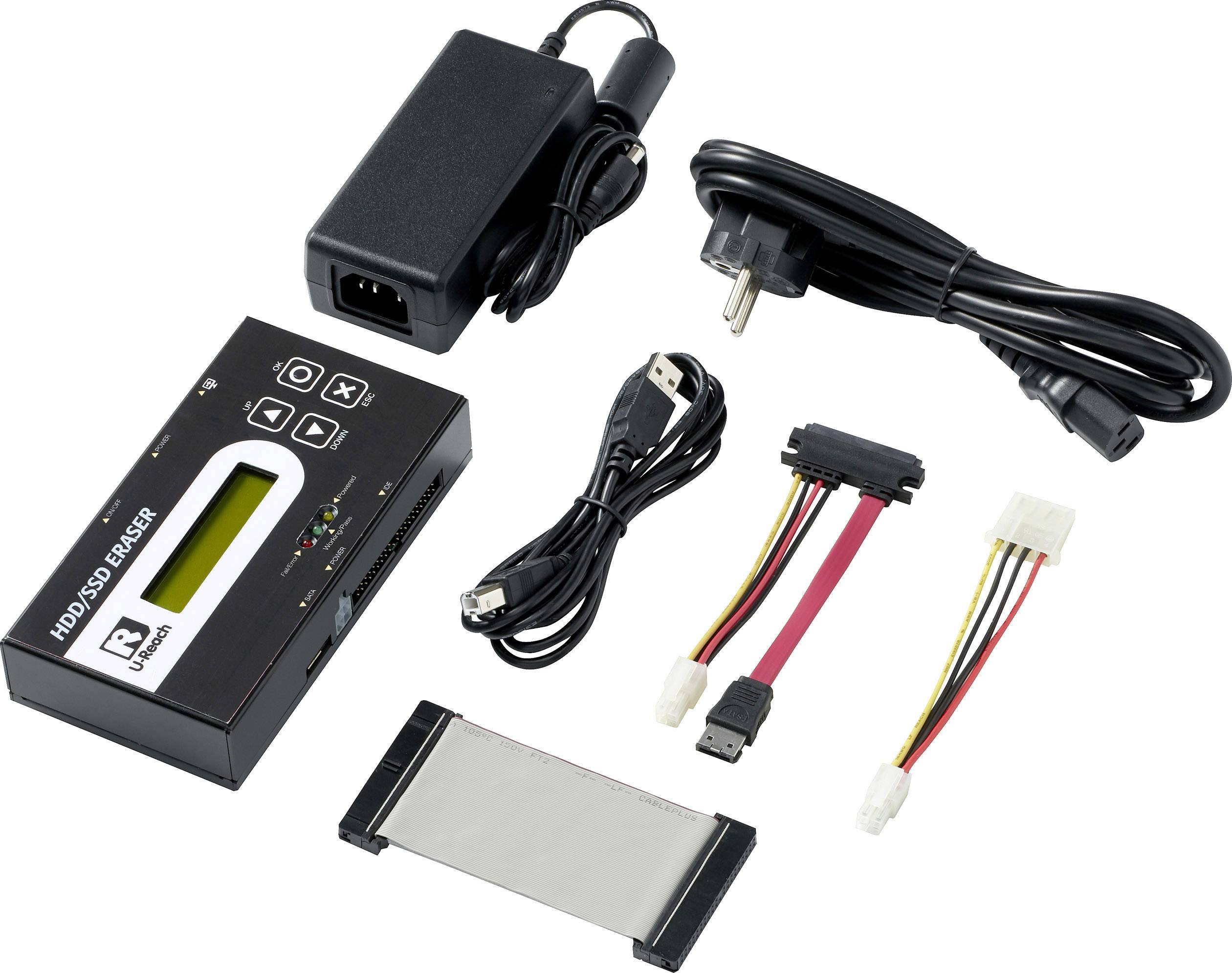 Un appareil de destruction de HDD/SSD avec bloc d'alimentation, câble USB, câbles adaptateurs et une sangle de transport ; utilisé pour la suppression sécurisée de données.