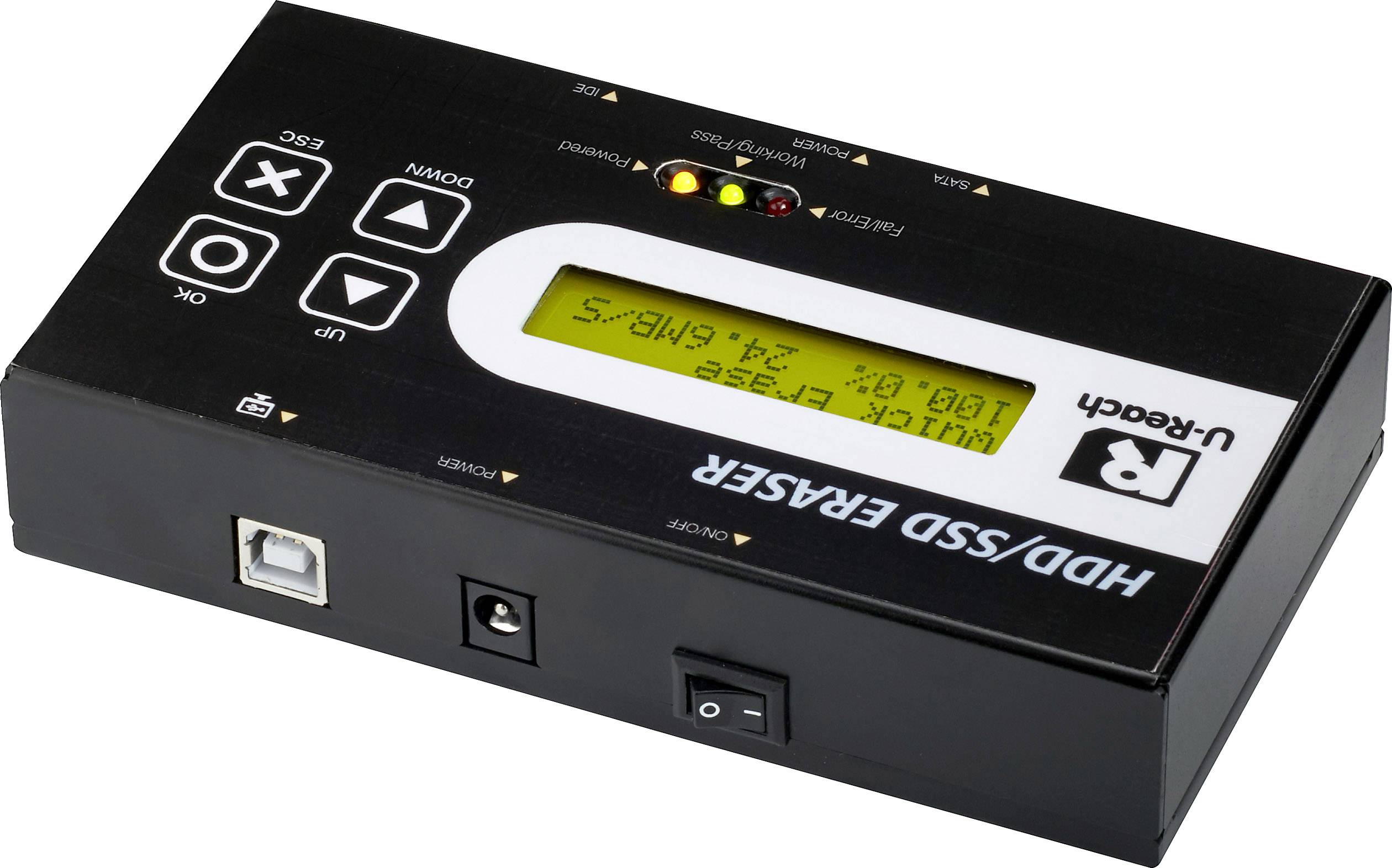 Appareil noir avec touches, port USB et écran ; affiche 'Effacement : 24 Go/s'. Marque : R-Drive.