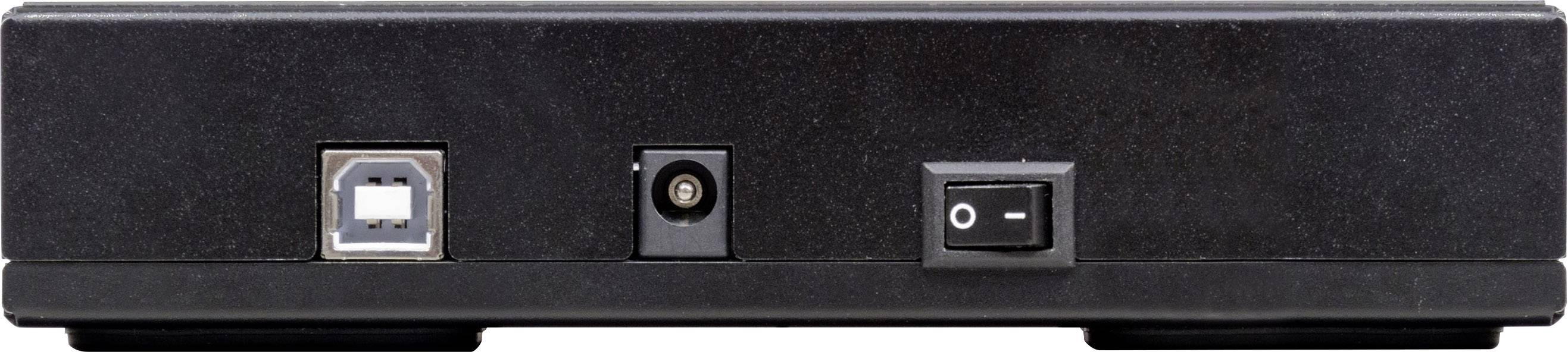 Un appareil électronique noir avec un port USB, une prise d'alimentation et un interrupteur marche/arrêt sur la façade.