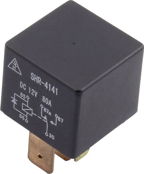 Relais noir 12V avec marquages blancs et schéma de câblage, montrant les connexions électriques et les spécifications, capacité de charge de 80A.