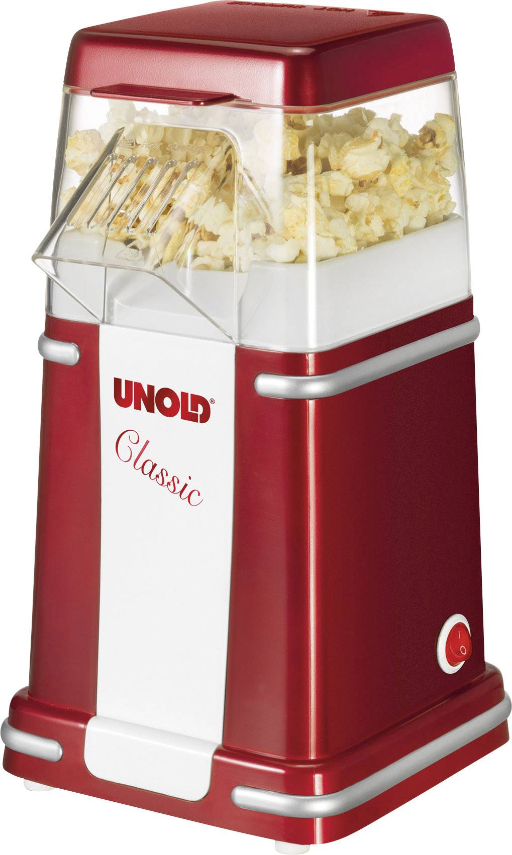 Machine à popcorn rouge de la marque UNOLD avec l'inscription 'Classic'. La machine est remplie de pop-corn fraîchement préparé.