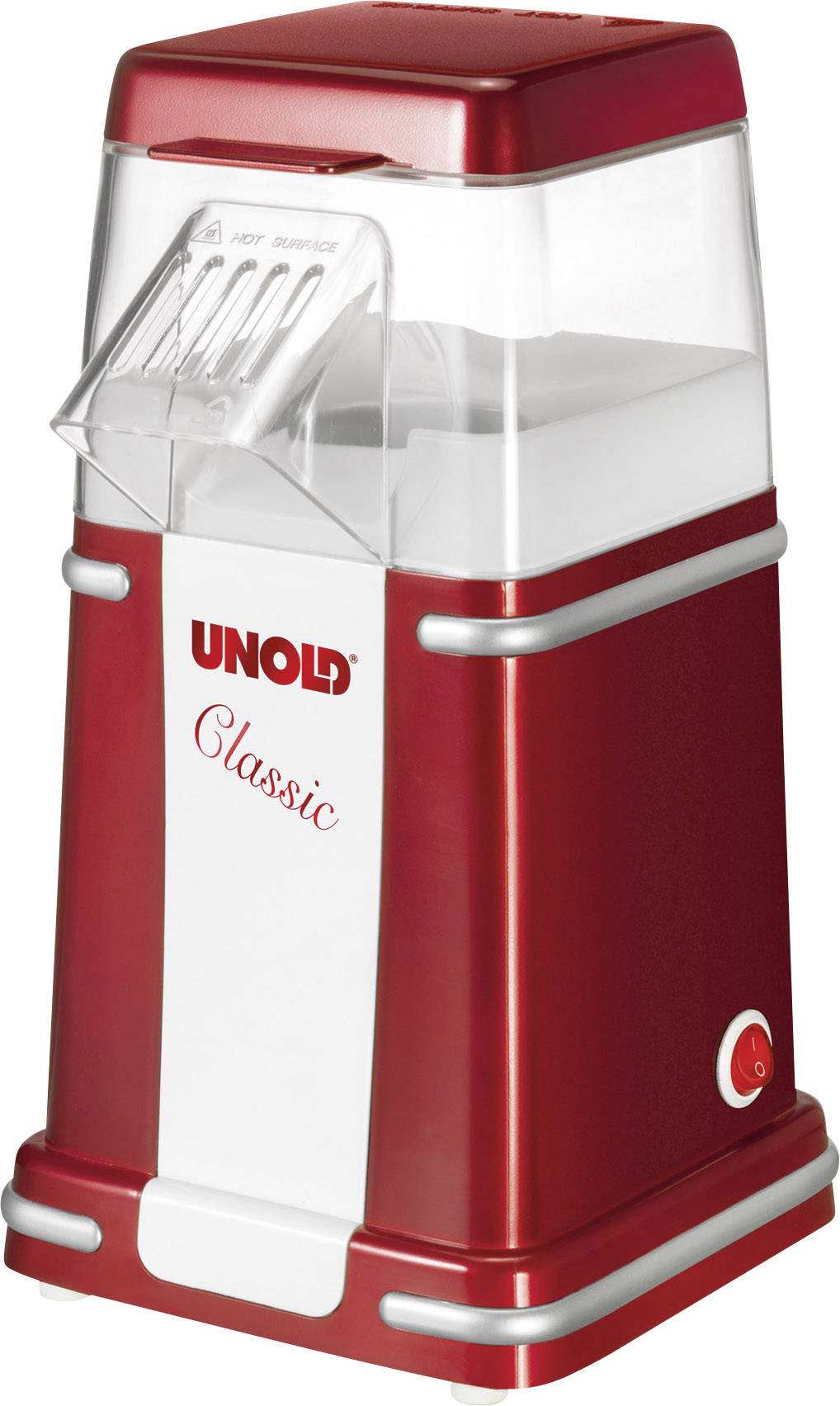 Machine à popcorn rouge 'Unold Classic' avec couvercle transparent et interrupteur sur l'avant, au design rétro.
