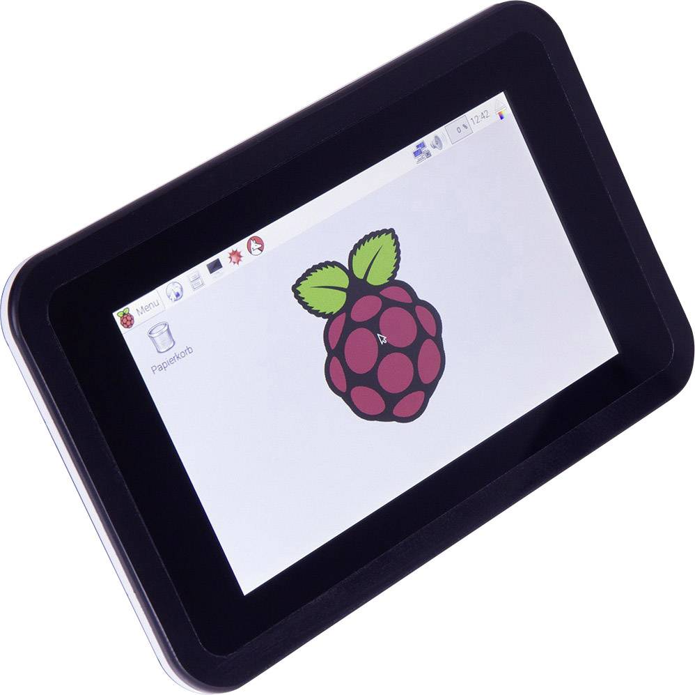 Une tablette avec un écran affiche le logo d'un système informatique Raspberry sur un fond blanc.