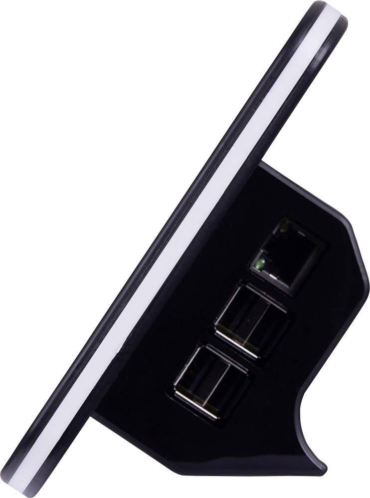 Vue latérale d'un appareil réseau équipé de plusieurs ports Ethernet, monté sur un support incliné.
