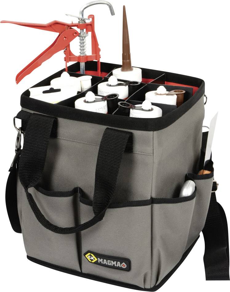 Un sac à outils à plusieurs compartiments, rempli de cartouches et d'une presse à silicone.