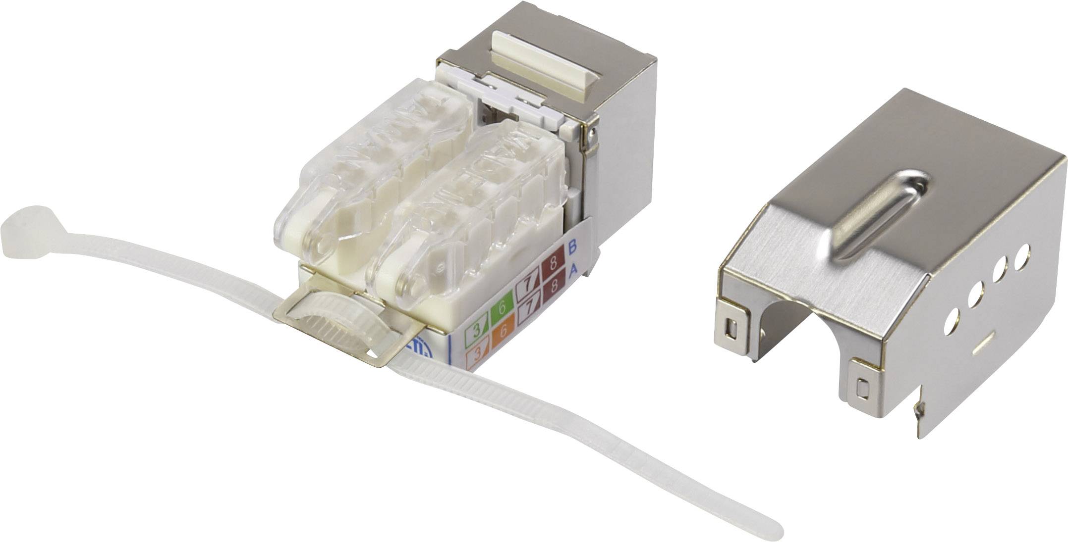 Connexion de câble métallique avec boîtier amovible et serre-câble, adaptée aux installations réseau professionnelles.