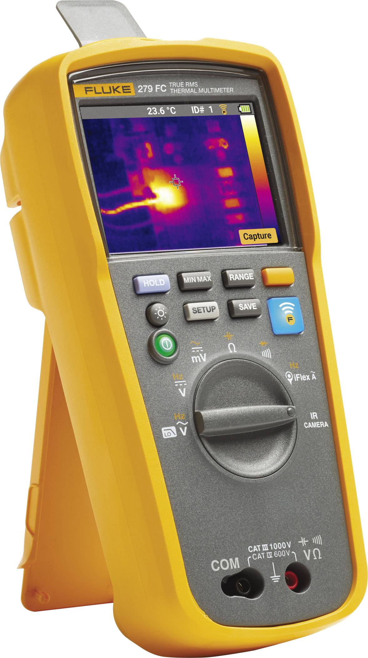Un multimètre jaune affiche une image thermique sur son écran. Il est utilisé pour mesurer la température et effectuer des diagnostics électriques.