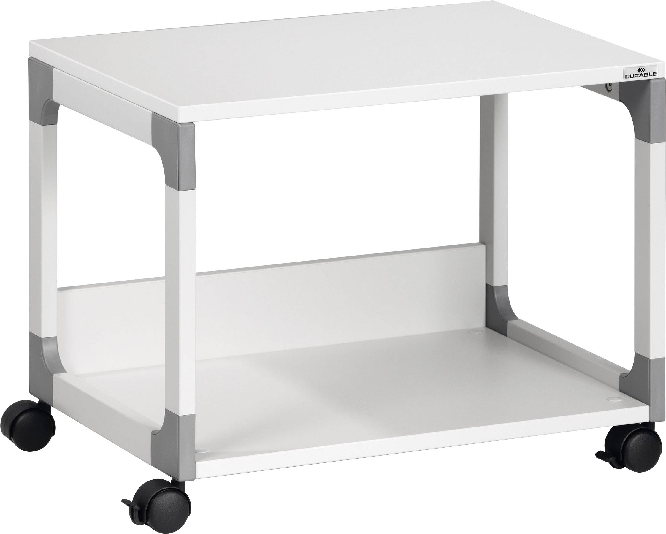 Une table d'imprimante compacte, blanche, sur roulettes avec des accents gris. Elle possède une surface supérieure pour le dépôt et une étagère inférieure pour le rangement.