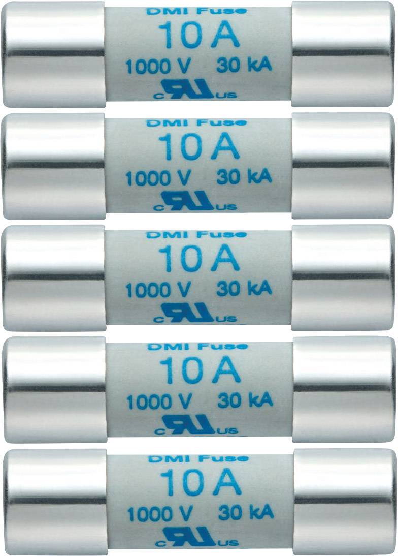 Cinq fusibles électriques, chacun portant l'inscription « 10 A, 1000 V, 30 kA », empilés les uns sur les autres.