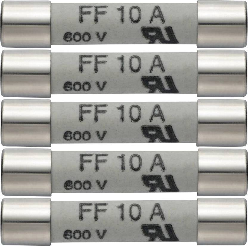Cinq fusibles électriques, chacun portant l'inscription « FF 10 A 600 V », disposés en ligne.