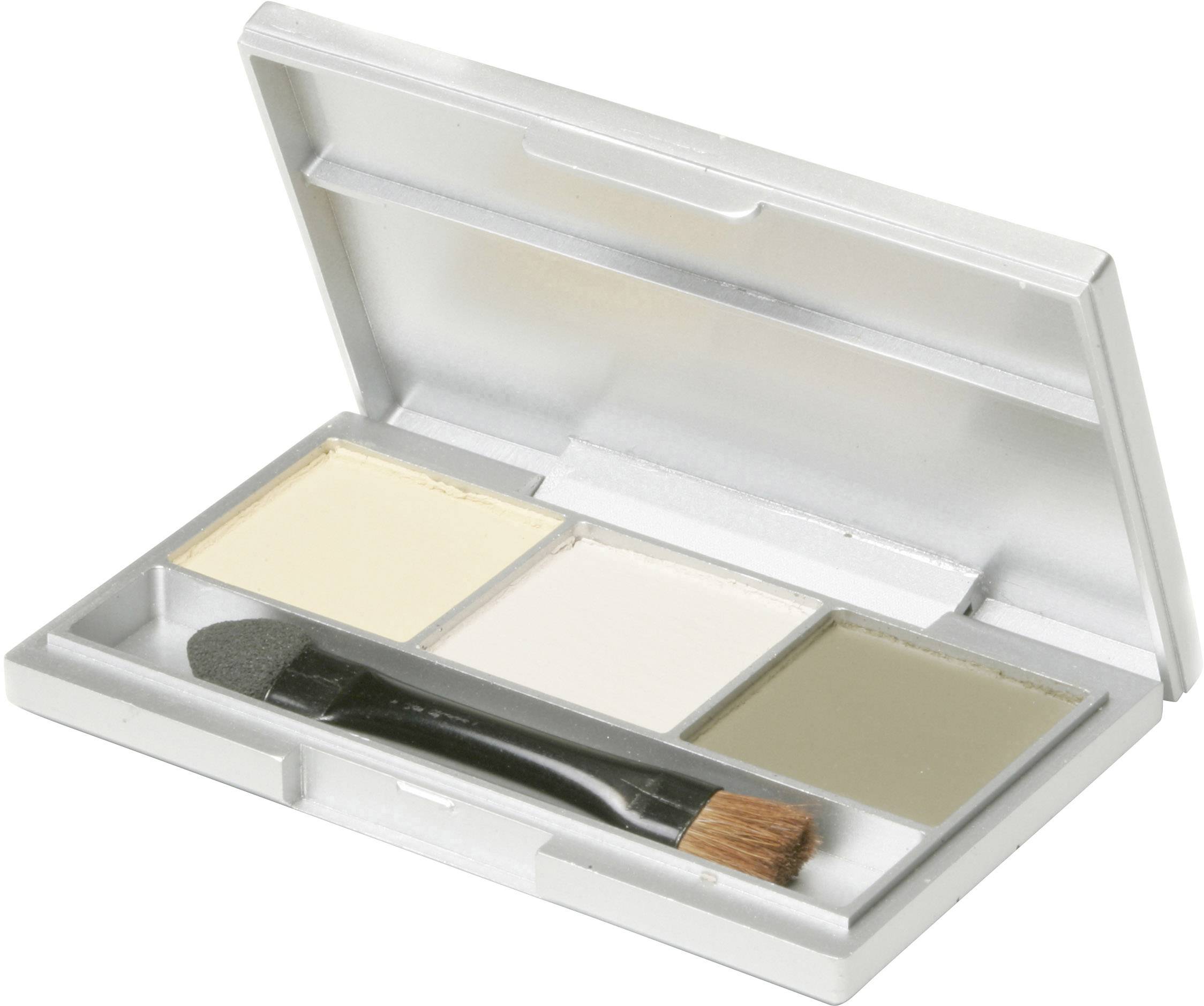 Un coffret de maquillage ouvert avec trois nuances de fard à paupières dans un récipient argenté et un pinceau applicateur au centre.