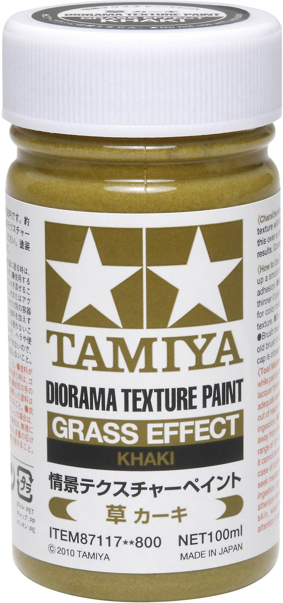 Une bouteille de peinture texturée Diorama de Tamiya en kaki, adaptée aux effets d'herbe. Contient 100 ml de peinture, fabriquée au Japon.