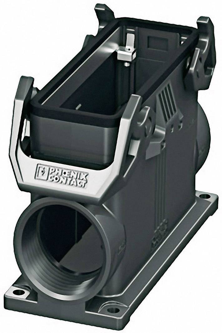 Boîtier rectangulaire gris d'un connecteur industriel avec des clips de verrouillage latéraux et un raccordement ovale pour câbles.