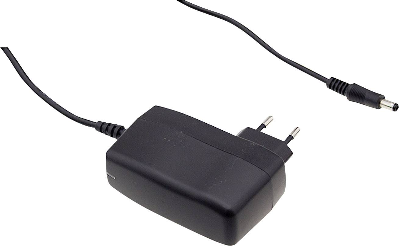 Adaptateur secteur noir avec fiche bipolaire européenne et câble intégré, adapté aux appareils électroniques.