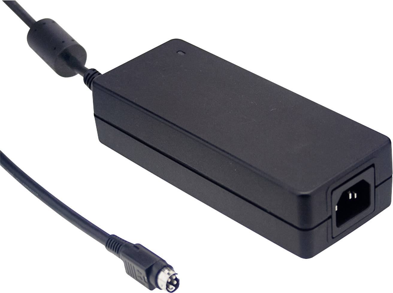 Un adaptateur secteur noir pour ordinateur portable avec un câble d'alimentation et une fiche ronde à son extrémité.