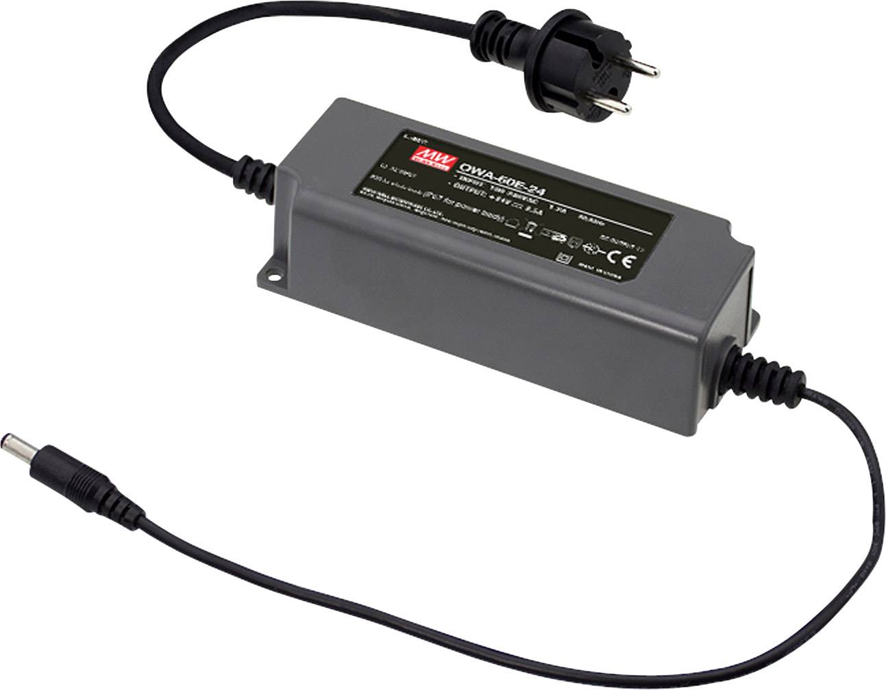 Bloc d'alimentation noir avec un câble réseau et une fiche sur le côté gauche, ainsi qu'une connexion électrique sur le côté droit.