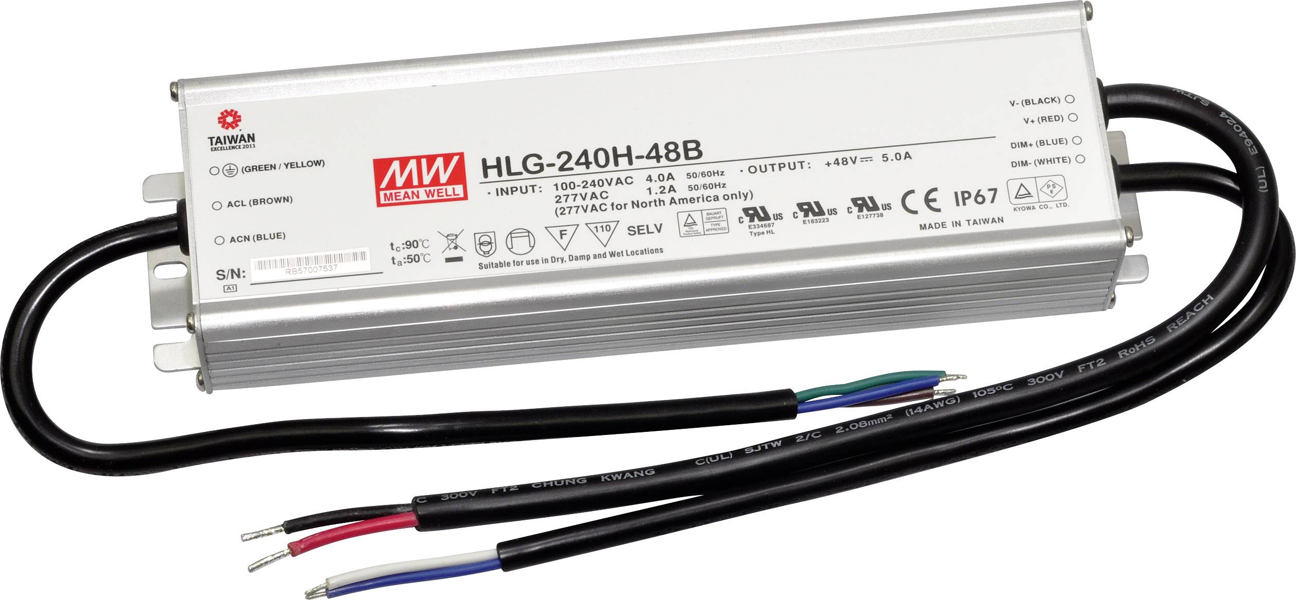 Pilote LED électrique avec boîtier métallique, numéro de modèle 'HLG-240H-48B', câble pour la connexion à la source d'alimentation et aux luminaires LED.