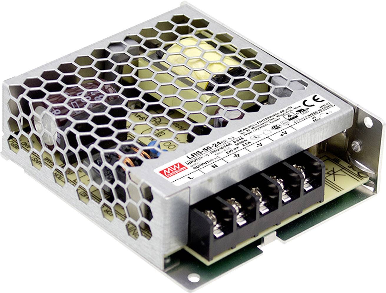 Bloc d'alimentation métallique avec ventilation en nid d'abeille et plusieurs connexions électriques, étiqueté avec des spécifications techniques.