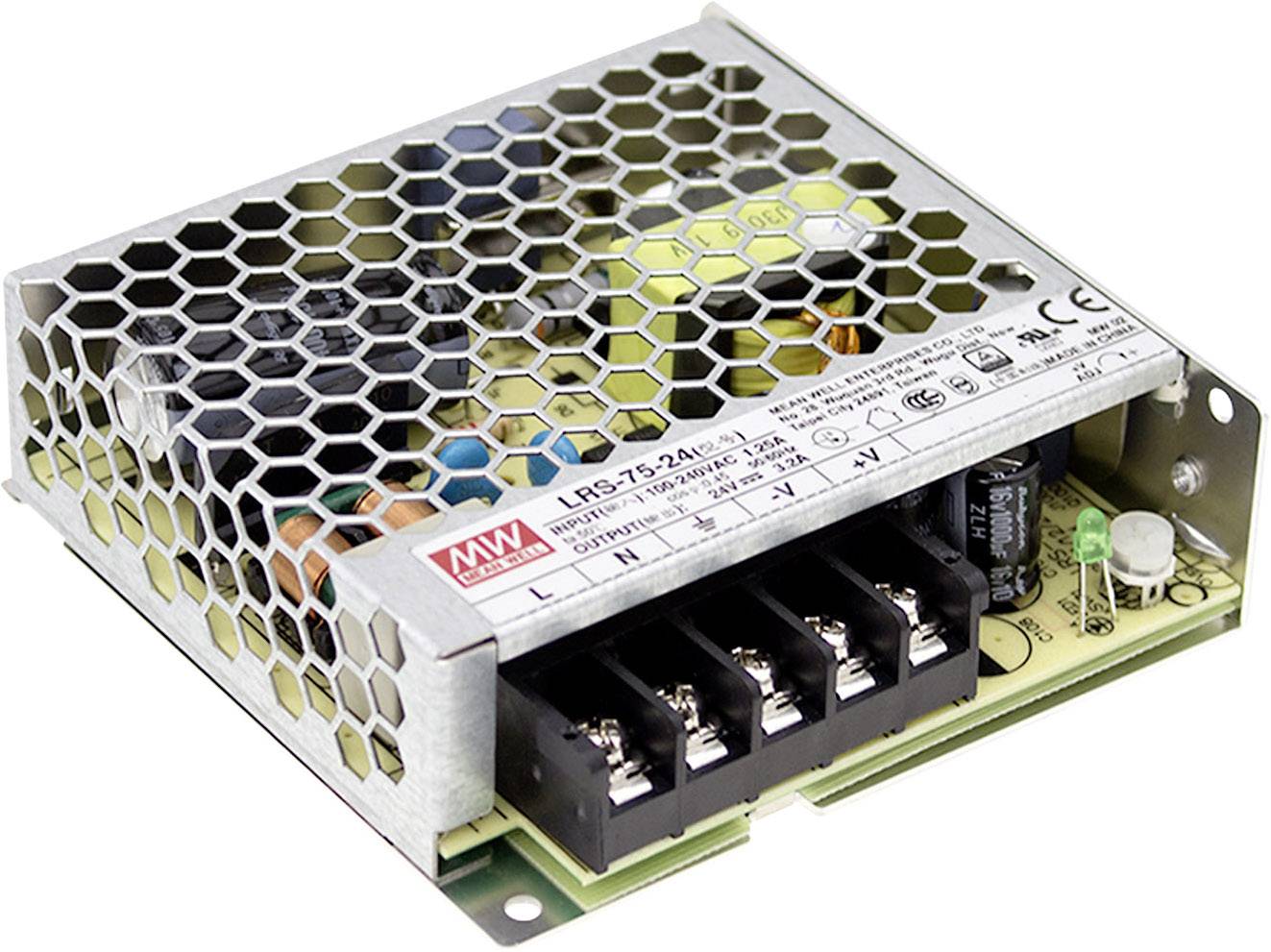 Bloc d'alimentation dans un boîtier métallique ouvert doté de plusieurs connexions et composants électroniques, adapté aux applications industrielles.