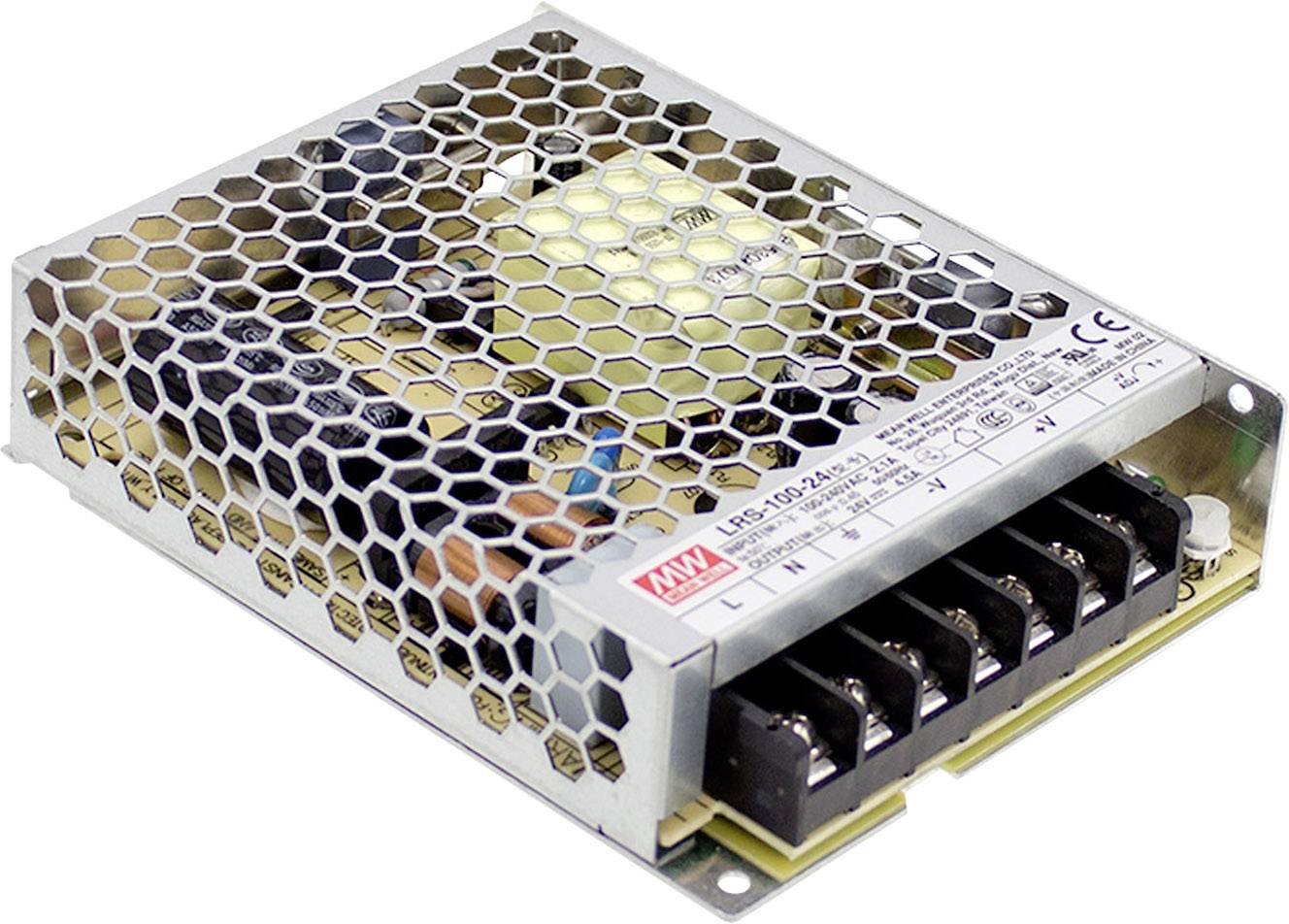 Bloc d'alimentation métallique avec motif en nid d'abeille sur le dessus, six connecteurs noirs visibles sur la droite, modèle LRS-100-24.