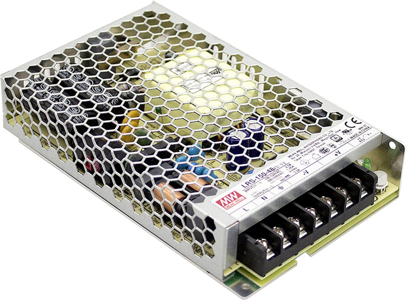 Bloc d'alimentation dans un boîtier métallique rectangulaire avec grilles de ventilation. Contient plusieurs composants électroniques colorés et des bornes de connexion noires.