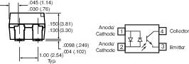 Disposition électronique des composants : À gauche, les dimensions en pouces et mm ; à droite, un schéma de circuit avec anodes, cathodes, émetteur et collecteur.