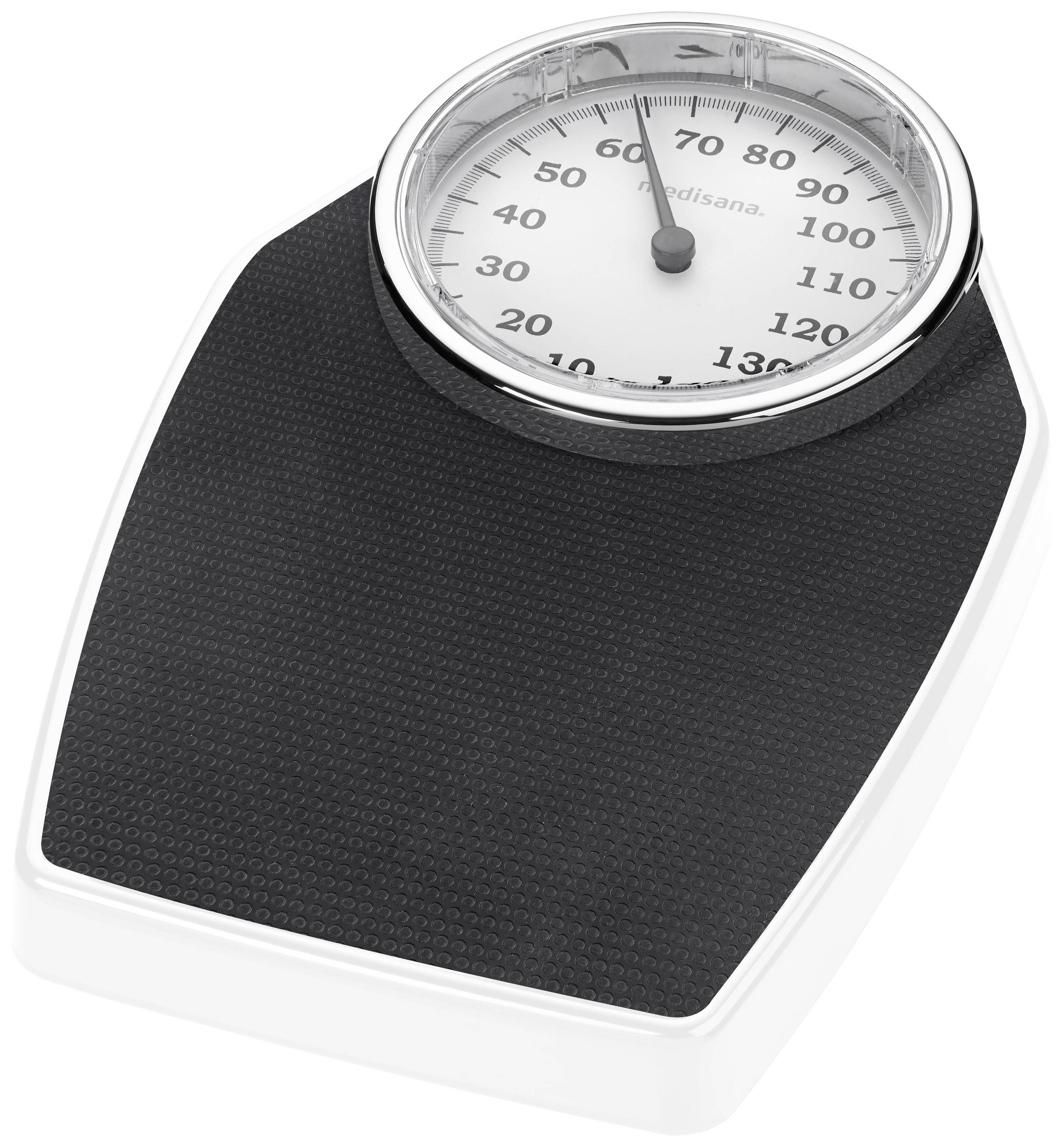 Balance analogique avec surface de marche noire et cadran. Indique 60 kg.