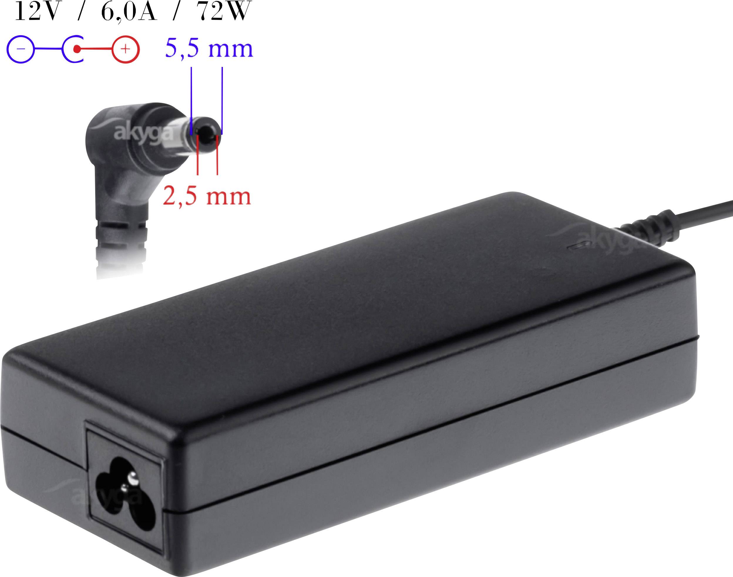 Bloc d'alimentation noir avec type de connecteur, 72W de puissance, sorties 12V et 6,0A. Longueur de la fiche 5,5 mm, largeur 2,5 mm.